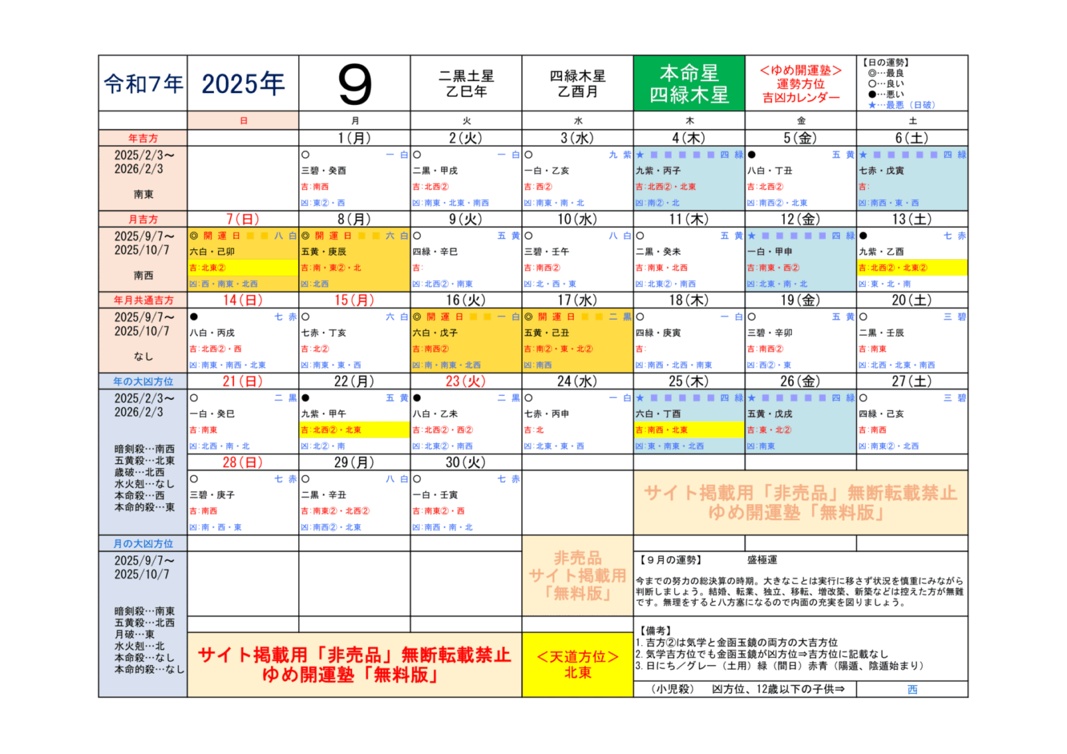 （2025年）四緑木星／運勢＆吉方位カレンダー | 開運トラベル