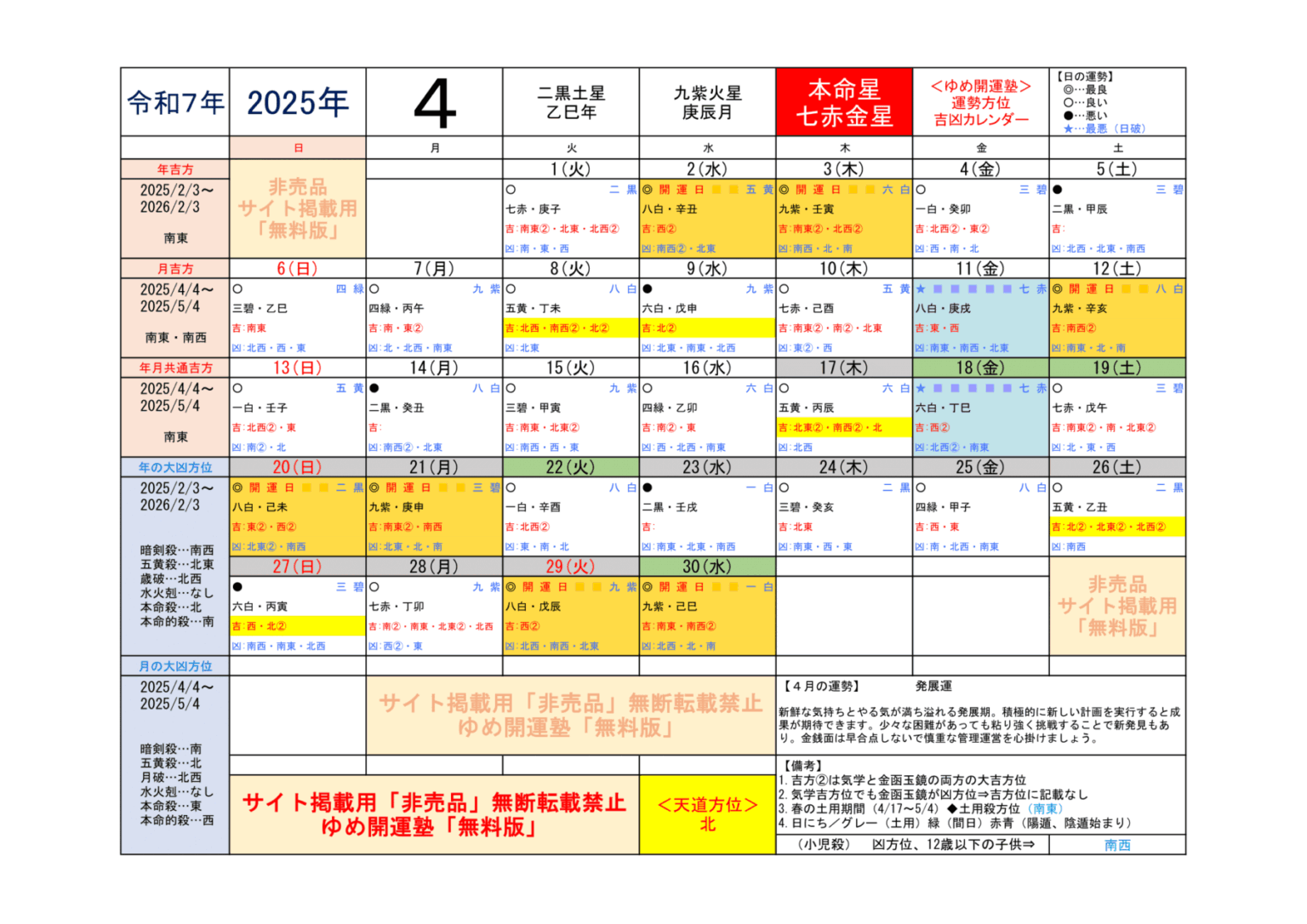 （2025年）七赤金星／運勢＆吉方位カレンダー | 開運トラベル