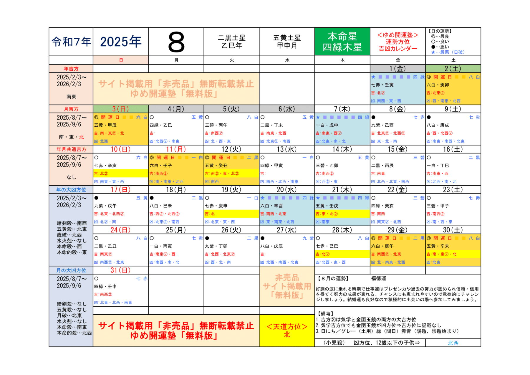（2025年）四緑木星／運勢＆吉方位カレンダー | 開運トラベル