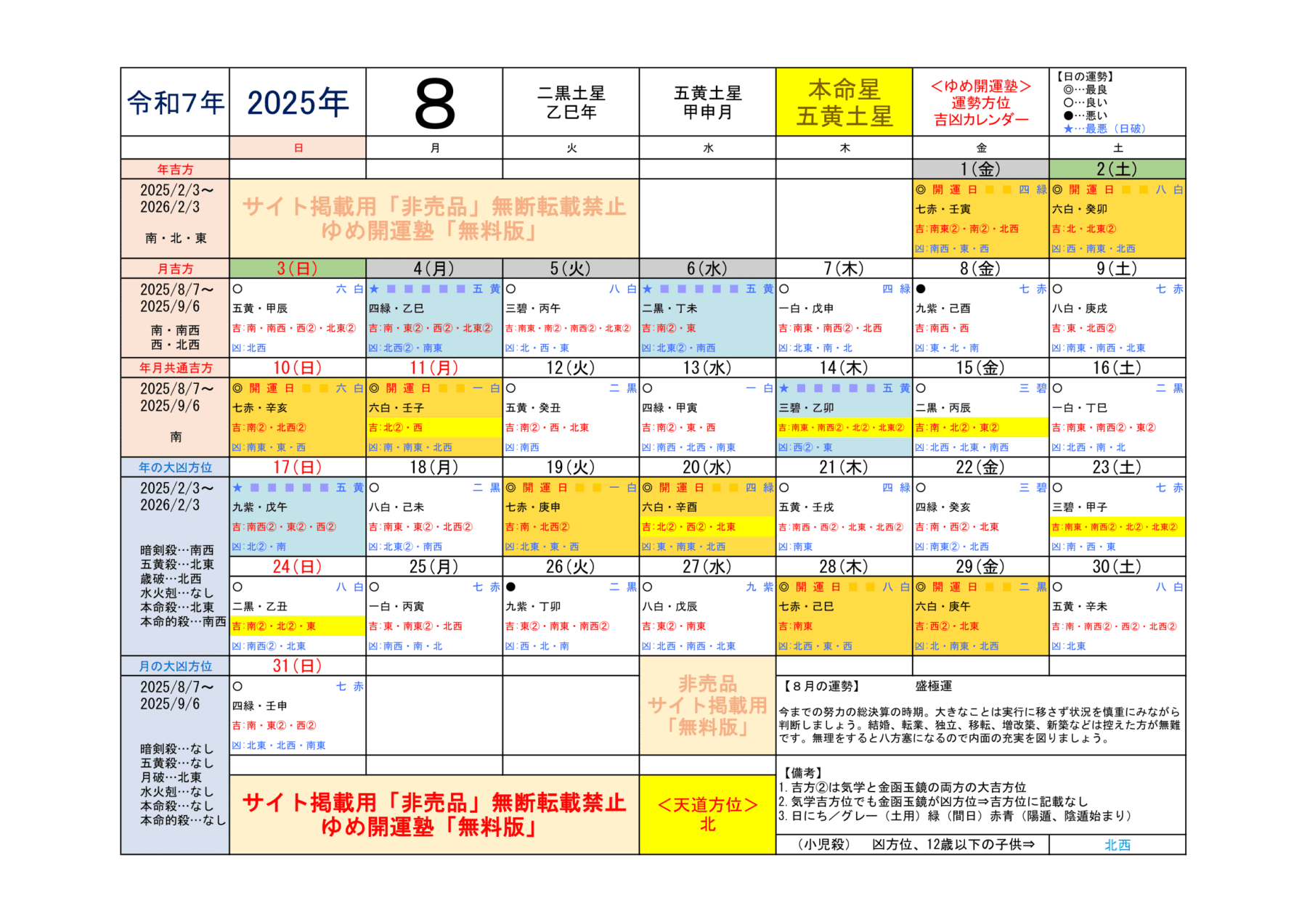（2025年）五黄土星／運勢＆吉方位カレンダー | 開運トラベル