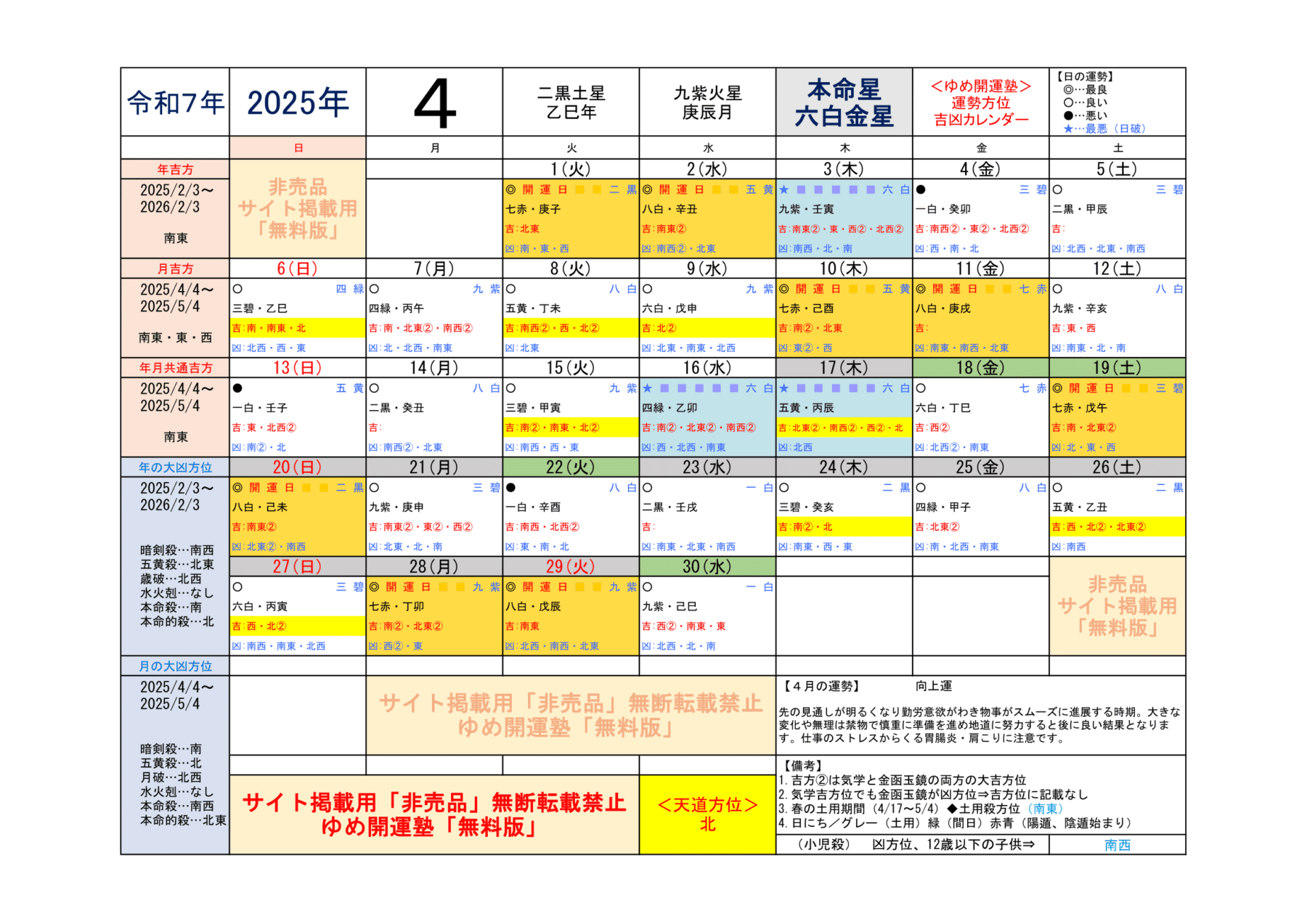（2025年）六白金星／運勢＆吉方位カレンダー | 開運トラベル